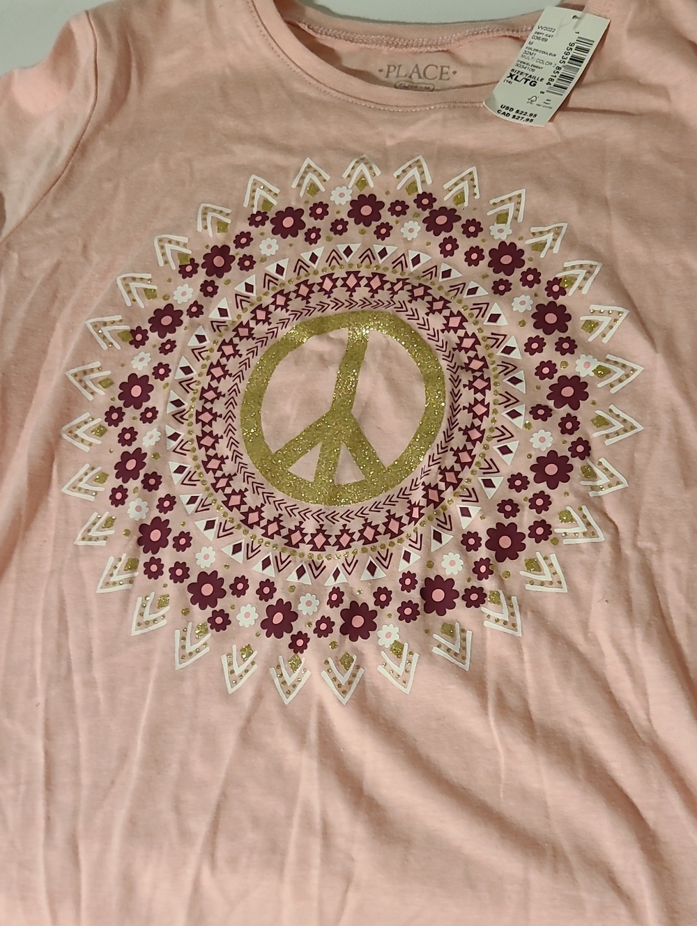 The Children's Place Pink Tee with Gold Glitter Peace Mandala